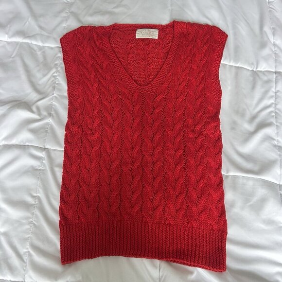Vintage Hand Knitted Red Sweater Vest V-Neck Sleeveless Womens M 100% Cotton - Picture 1 of 7